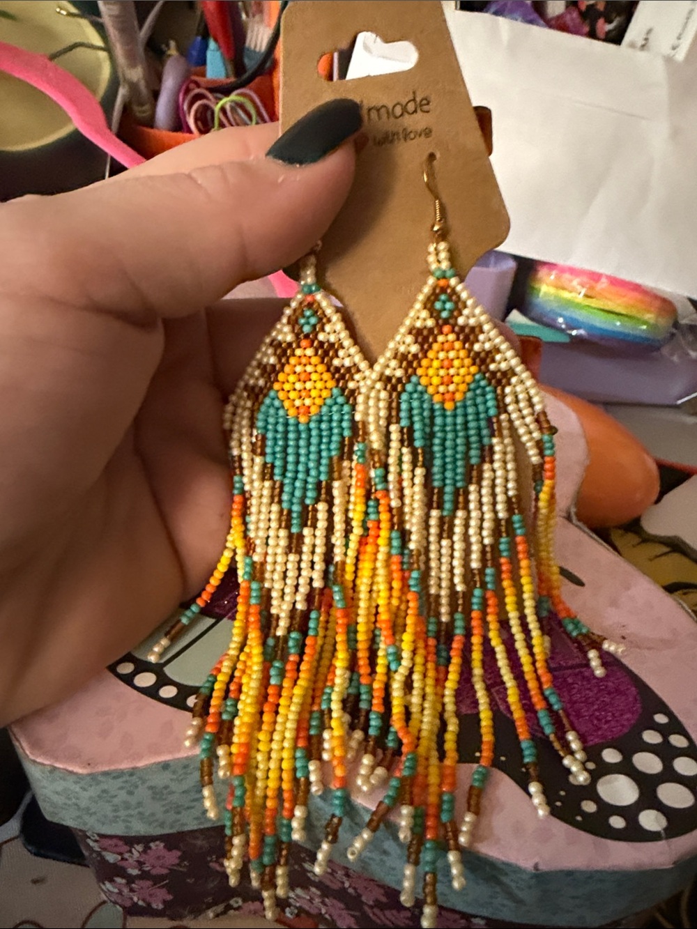 Handmade Turquoise & Yellow Beaded Fringe Earrings